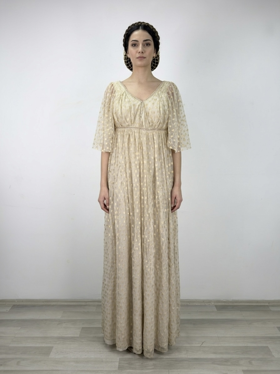 (Fiyat Alınız) Beyaz & Gold Tarihi Dönem Kadın Elbisesi - Kiralık Antik Helen Kostümü