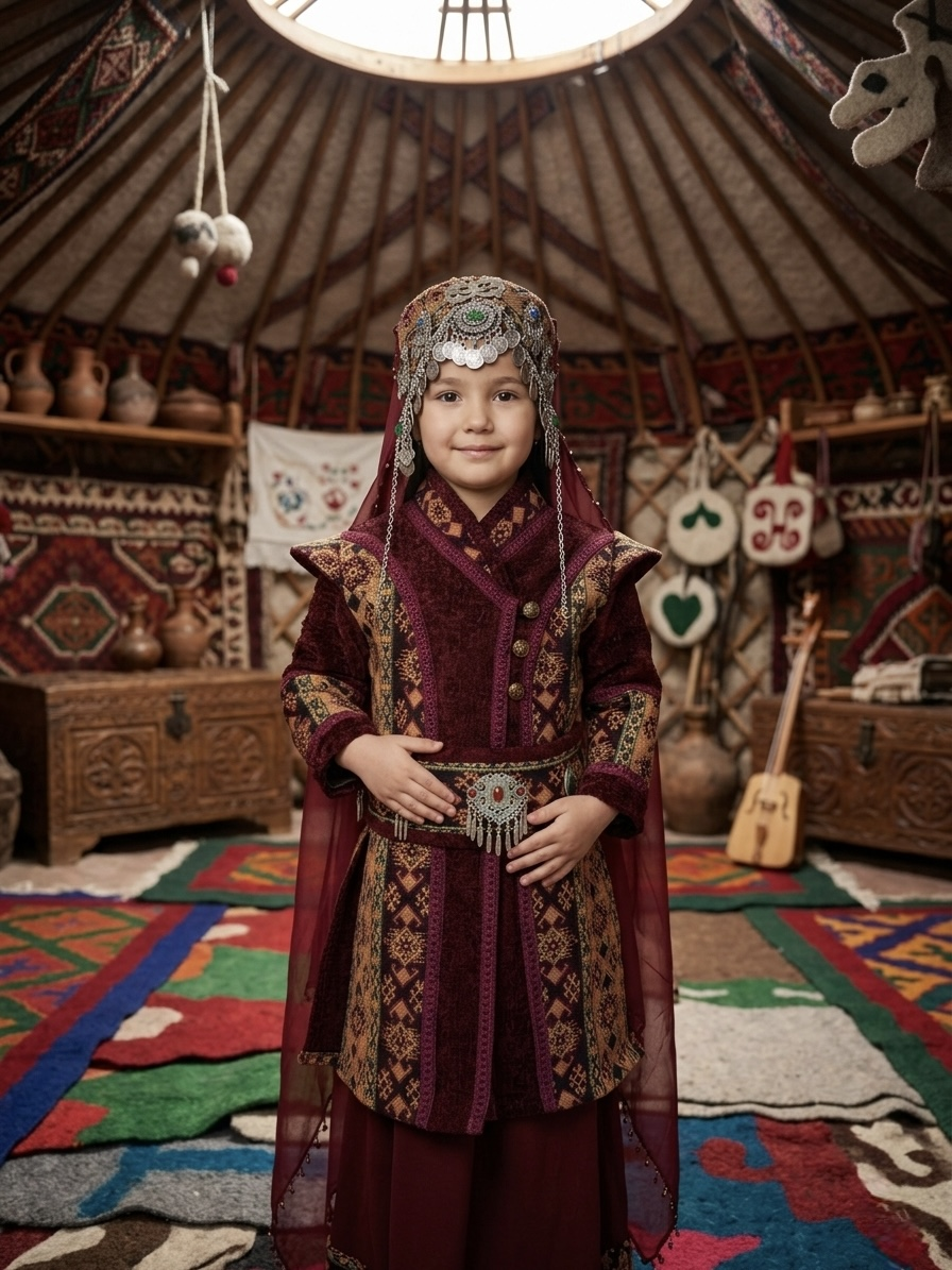Kız Çocuk Tarihi Dönem Kostümü - Savaşçı Türk Hatun ve Sultan Elbisesi (Bordo)