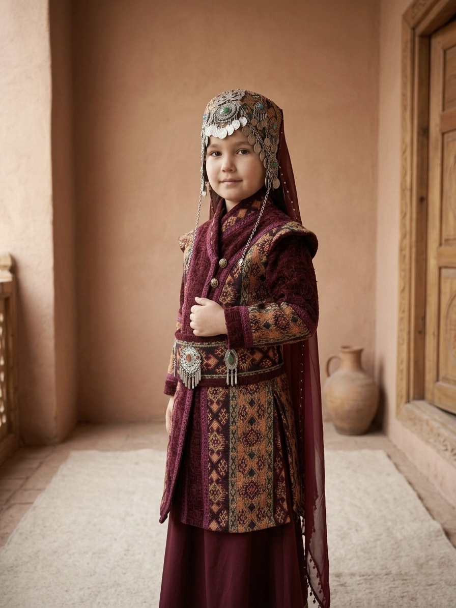 Kız Çocuk Tarihi Dönem Kostümü - Savaşçı Türk Hatun ve Sultan Elbisesi (Bordo)