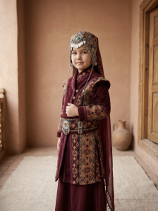 Kız Çocuk Tarihi Dönem Kostümü - Savaşçı Türk Hatun ve Sultan Elbisesi (Bordo)