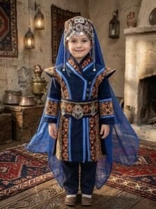Kız Çocuk Tarihi Dönem Kostümü - Savaşçı Türk Hatun ve Sultan Elbisesi (Mavi)