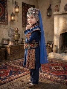 Kız Çocuk Tarihi Dönem Kostümü - Savaşçı Türk Hatun ve Sultan Elbisesi (Mavi)
